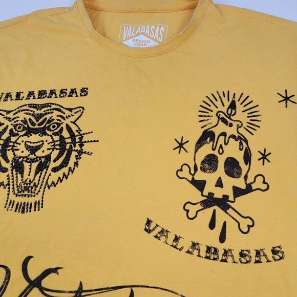 Valabasas Tattoo Shop Distressed Studded Tee T-Shirt Vintage Yellow Size XL Y2K - Picture 4 of 13